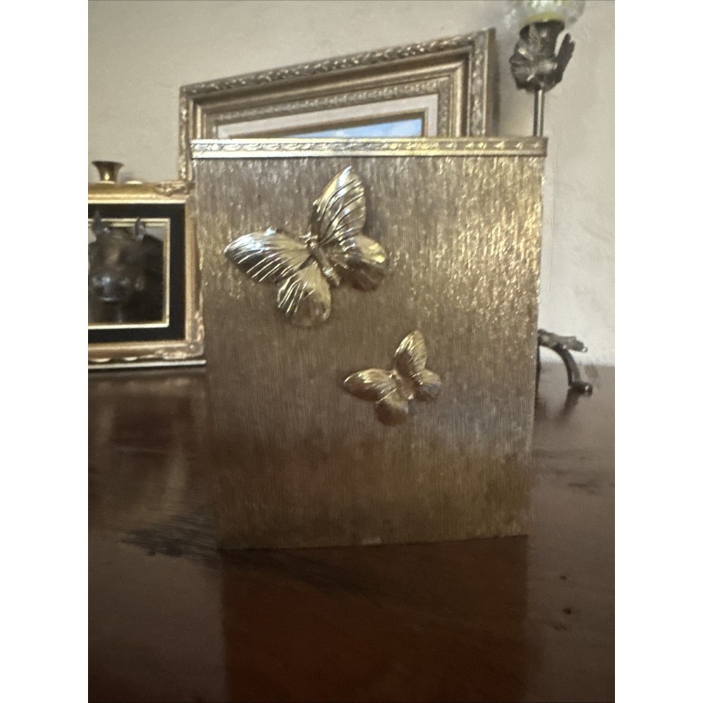 Vintage Hollywood Regency Gold Butterfly Tissue Box Cover MCM Metal Square 3D
